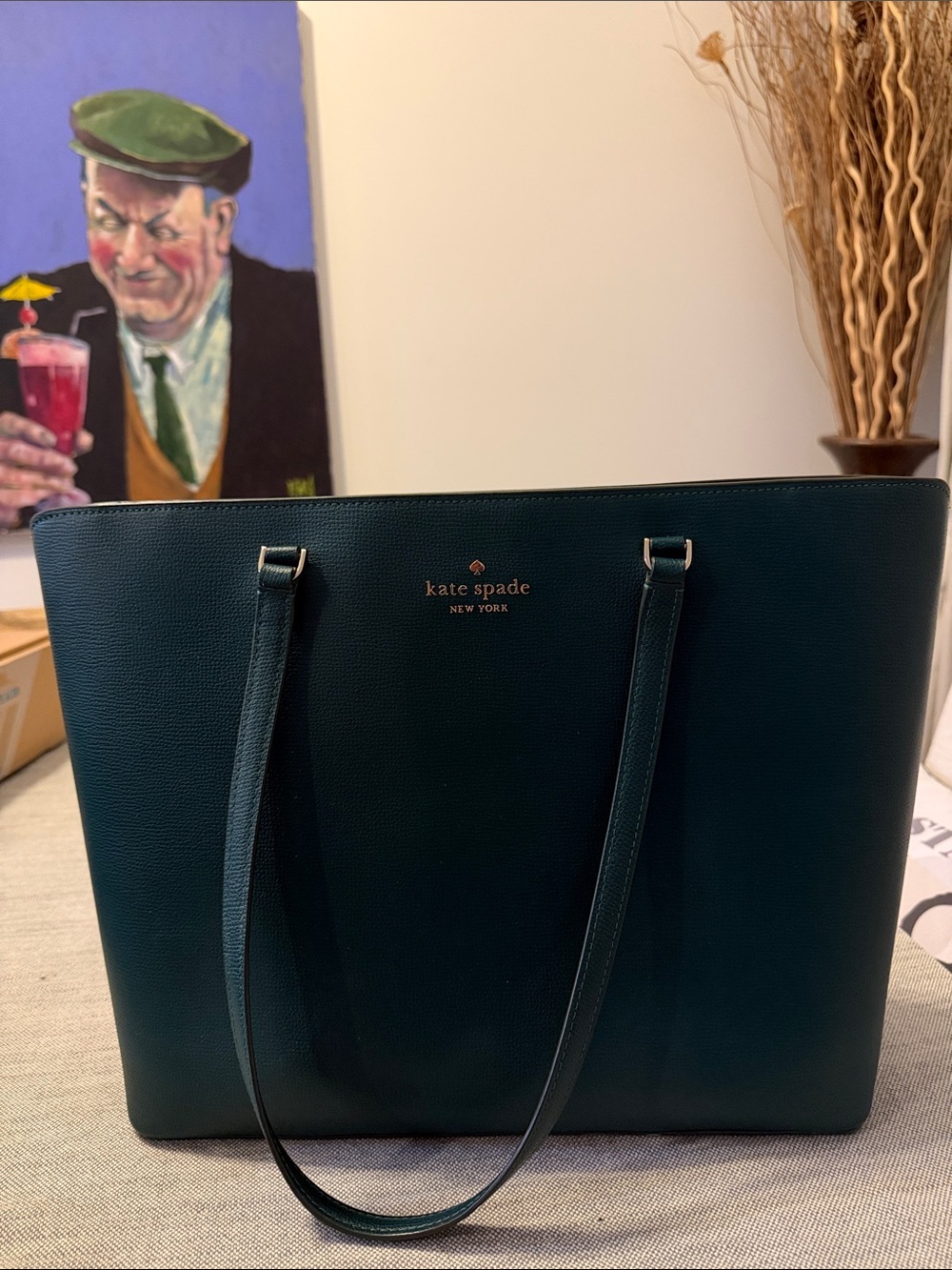 kate spade New York Dark Green Leather Tote with Gold Logo